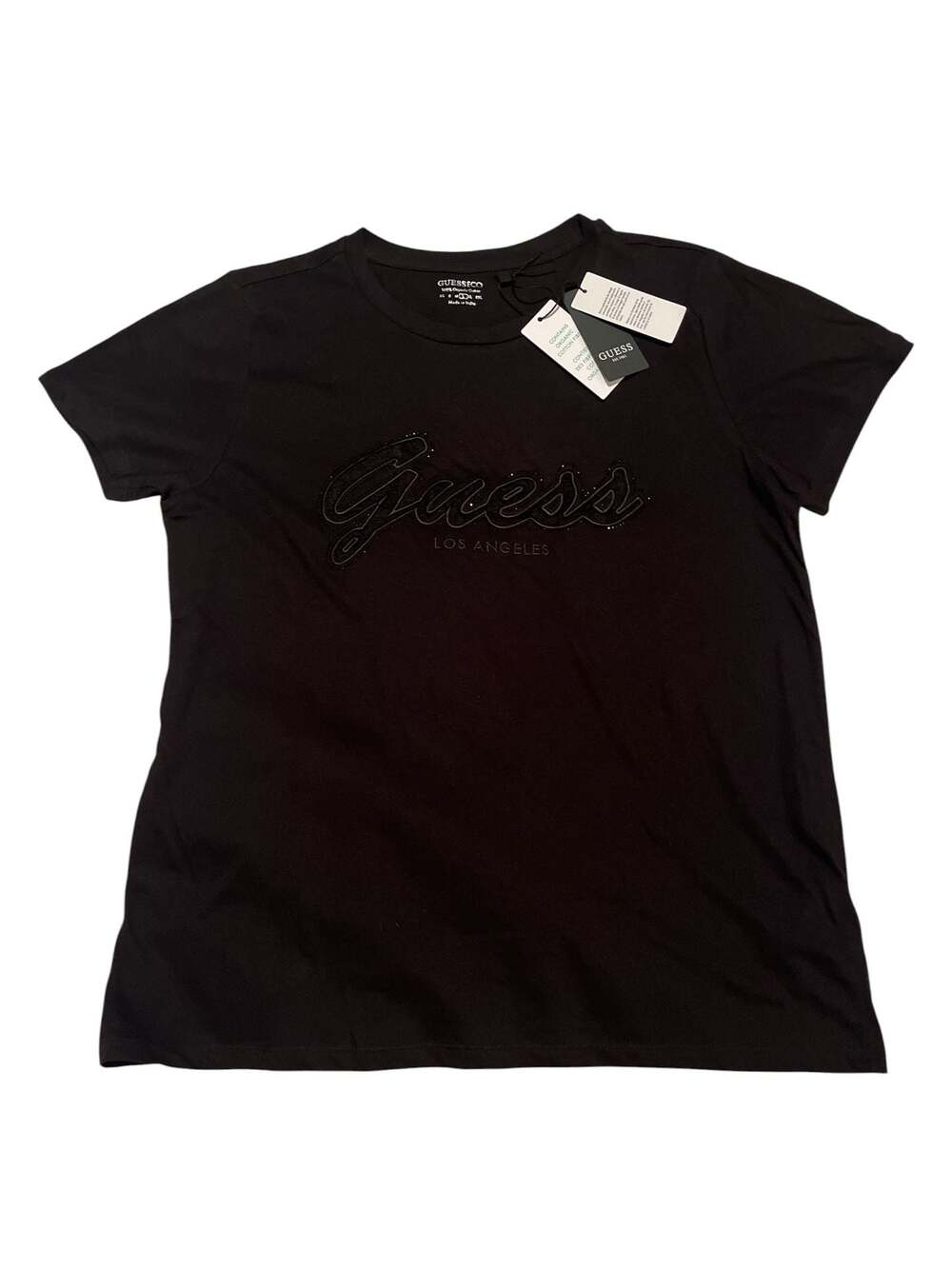 NWT GUESS Women's Organic Cotton Black Embellished Logo T-Shirt